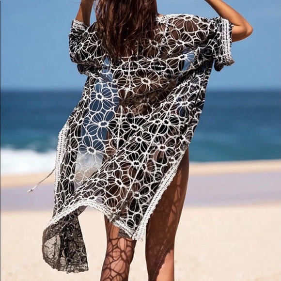 Long Cover-ups Kimono Floral-embroidery Beach wear - Picture 4 of 4